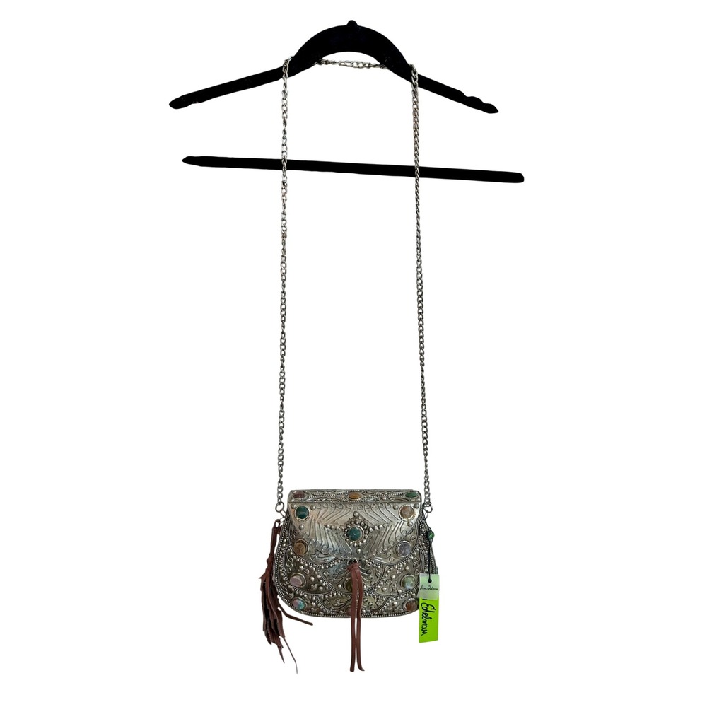 Sam Edelman Metal Crossbody Bag Stone Cabochon Boho Silver Brown Tassel NEW